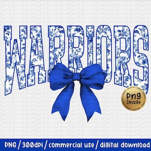 Warriors Blue Floral Toile Chinoiserie team  Water Color Coquette Bow Clip Art Printable Dtf Dtg Sublimation Design Team