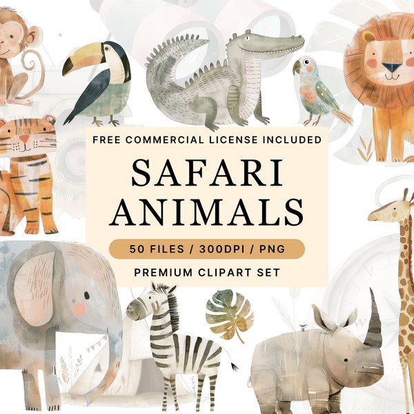 Safari Animals Watercolor Commercial Use Clipart, Baby Shower, Wild One Birthday, Jungle Nursery, Jungle Safari Png, Jungle Birthday Decor