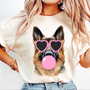 German shepherd dog blowing bubble png Mascot Preppy PNG Preppy Mascot Dog head with pink heart glasses Shirt Sublimation Design Dog mom