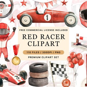 Aquarela Red Racecar Clipart - Racing Car Clipart - Racecar PNG - Decoração de berçário - Racecar Birthday Invitation Clipart - Cute Racecar - Red Car