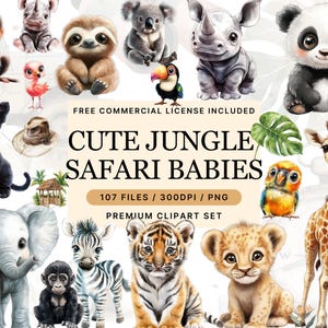 Clipart animaux mignons de la jungle, Safari bébé animal PNG, Clipart Animal aquarelle, Clipart baby shower, Lion tigre singe girafe, Safari mignon