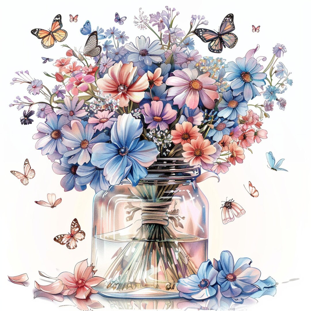 Flowers in Jar With Butterflies Clipart, Printable Watercolor Clipart ...