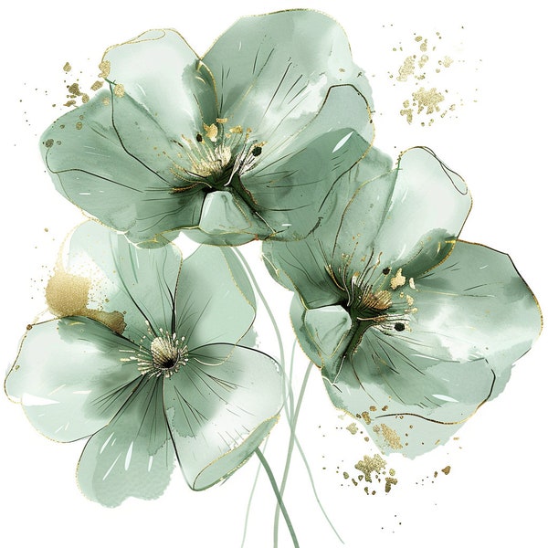 12 cliparts fleurs vertes, imprimé floral vert, clipart aquarelle imprimable, PNG de haute qualité, téléchargement numérique, créations en papier, journal indésirable