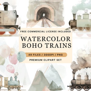 Tren Clipart comercial Tren Acuarela Clipart Tren clipart Acuarela Boho Tren Vivero Decoración, Bebé Niño, Es un niño Baby Shower Vivero