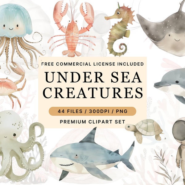 Undersea Watercolor Clipart Bundle - Nursery Decor, Baby Wall Art, Cute Ocean Animals PNG, Baby Shower, Octopus, Jellyfish, Whale, Seahorse