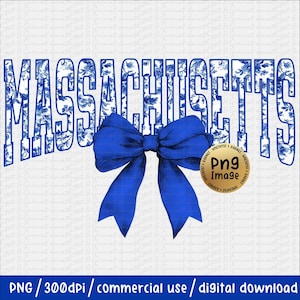 Massachusetts State Blue Toile Floral Coquette Bow PNG Trendy Girly Shirt Design Coquette Bow State Shirt Design Dtf Dtg Sublimation