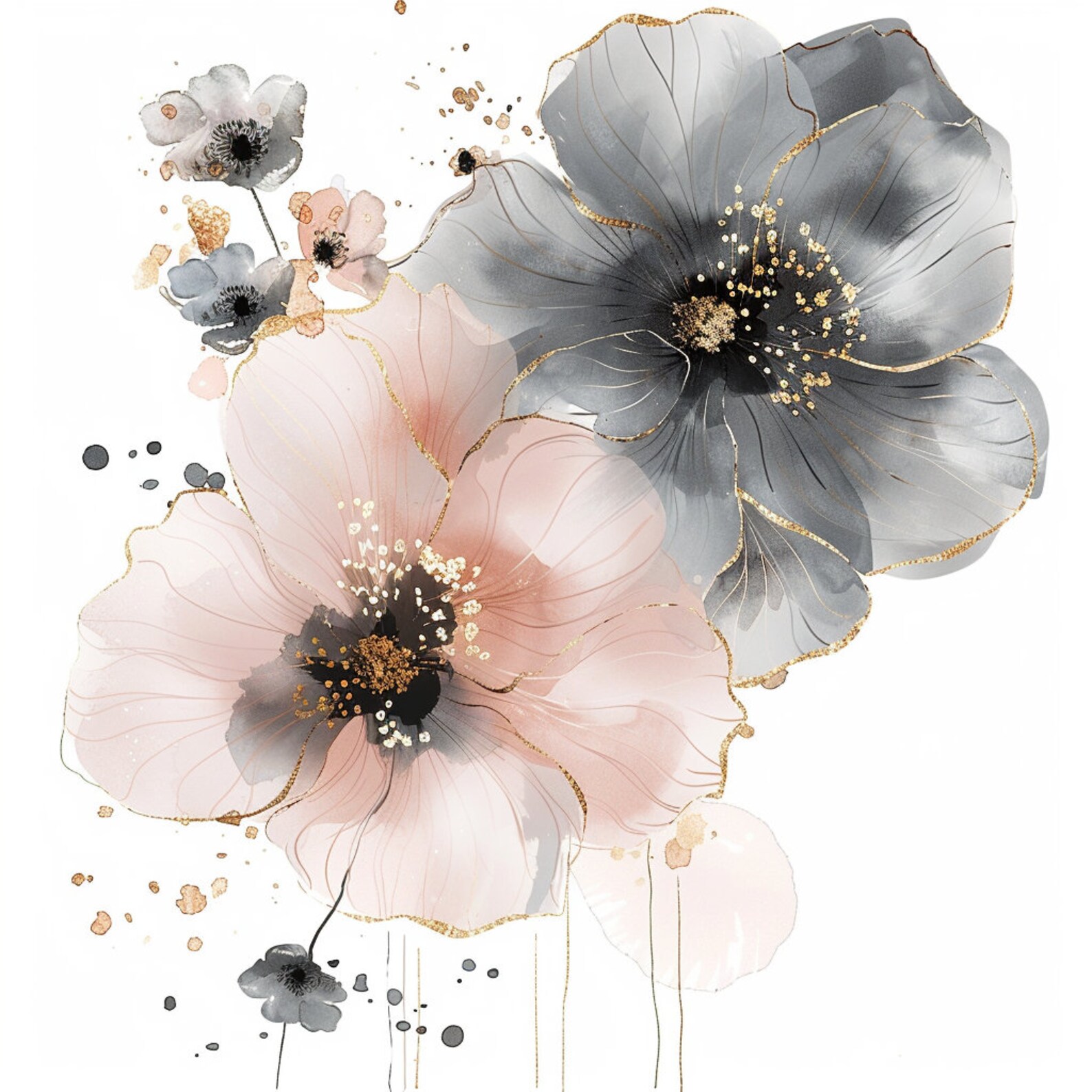 10 Pink and Grey Flowers Clipart, Floral Print, Printable Watercolor Clipart, High Quality Pngs ...