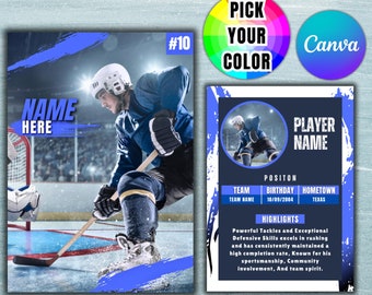 May include: A hockey player card template with a blue and white colour scheme. The template features a photo of a hockey player, a space for the player's name, team, position, birthday, hometown, and highlights. The text "#10" is in the top right corner of the template.