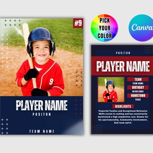 Modello modificabile di carte collezionabili di baseball, carta sportiva fai-da-te personalizzabile, carta giocatore personalizzata, modello Canva stampabile per regali della squadra scolastica
