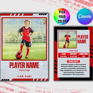 Bewerkbare sjabloon voor voetbalruilkaarten Gepersonaliseerde DIY-sportkaart Aanpasbare spelerskaart Canva-sjabloon Afdrukbare schoolteamgeschenken