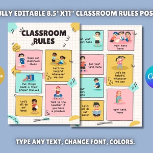Póster editable de reglas del aula, paquete de plantillas de expectativas de clase, regla de clase educativa, póster de aprendizaje, decoración de jardín de infantes, preescolar