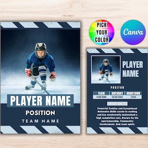 Modèle de carte de hockey à collectionner, modèle modifiable de toile de carte de joueur, cartes de sport bricolage personnalisées, cadeaux imprimables de carte de hockey d'équipe d'école