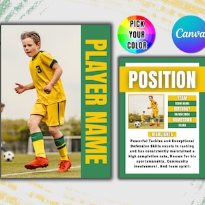 Plantilla editable de cromos de fútbol, Tarjeta deportiva personalizada DIY, Tarjeta de jugador personalizable, Plantilla de Canva, Regalos del equipo escolar imprimibles