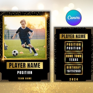 Bearbeitbare Fußball-Sammelkarten-Vorlage Personalisierte DIY Goldene Sportkarte Anpassbare Spielerkartenvorlage Druckbare Schulteamgeschenke