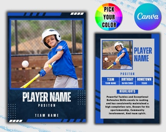 Op de afbeelding: Een blauwe en witte baseball-spelersprofielkaart met een foto van een jonge jongen die een knuppel vasthoudt. De kaart bevat de naam van de speler, zijn positie, de teamnaam, zijn verjaardag, zijn woonplaats en zijn hoogtepunten. De tekst "PLAYER NAME" is in wit, met een verweerd lettertype.