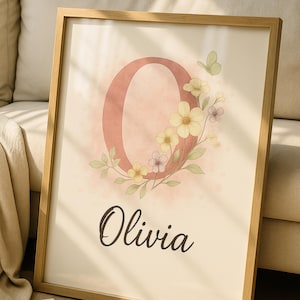 Custom name Sign Floral initial Wildflowers nursery Wall Art Print Decor, Personalized Boho Watercolor flower Baby girl design