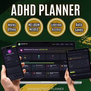 Puede incluir: Un planificador de TDAH que se muestra en una computadora port&aacute;til, un tel&eacute;fono inteligente y una tableta. La imagen presenta el texto "ADHD PLANNER" e iconos que indican funcionalidad sin conexi&oacute;n, no se requiere inicio de sesi&oacute;n, acceso de por vida y guardado autom&aacute;tico.
