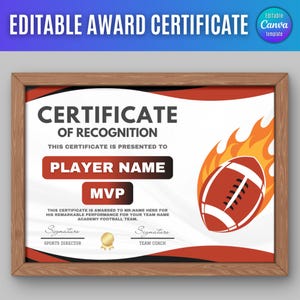 football certificate award End of Season/Year Ceremony Sports Editable Team Party custom Printable football Achievement award template Gift