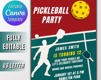 Pickleball Birthday invitation Editable Pickle ball Theme Birthday Party Paddle Custom Digital  download invite for kids Canva Template