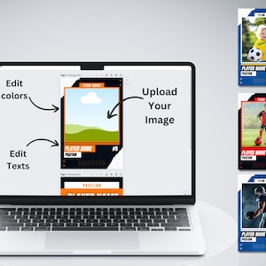 May include: A laptop computer screen showing a template for a sports team profile card. The template has a place to upload a photo, add text, and edit colors. The screen also shows three example cards with photos of athletes playing different sports.