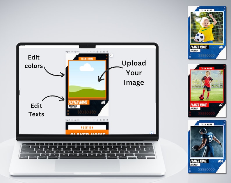 May include: A laptop computer screen showing a template for a sports team profile card. The template has a place to upload a photo, add text, and edit colors. The screen also shows three example cards with photos of athletes playing different sports.