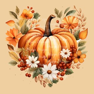 May include: A watercolor illustration of a pumpkin surrounded by fall foliage, including orange, yellow, and white flowers. The pumpkin is orange and has a green stem.