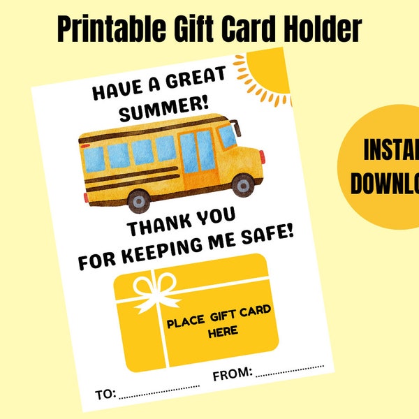 Printable Appreciation Gift for Bus Driver Thank You Gift Card holder From Student for Bus Driver, Summer Gift Sticker Tag, Instant Download