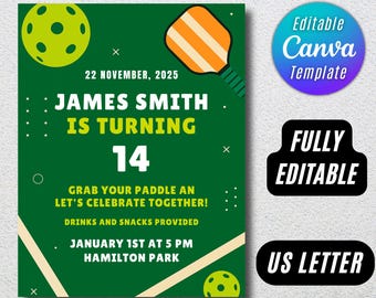 Editable Pickleball Party Birthday Invitation custom invite digital canva template Boy Girl personalized card invite, Grab your paddle party
