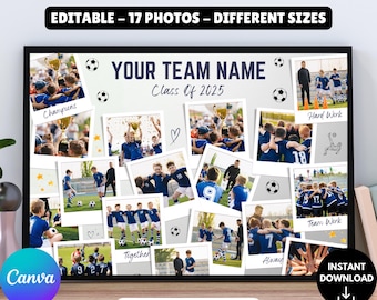 sports photo collage gift school team photo custom Gifts for player/coach, personalize banner Canva frame template soccer keepsake 2025