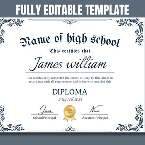 Plantilla de diploma de escuela secundaria Diploma de equivalencia general editable, diploma de educación en el hogar personalizable, diploma de educación general Graduación