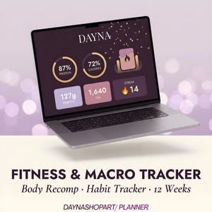 May include: A laptop displays a fitness and macro tracker interface. The screen shows protein and calorie percentages, along with protein grams, calories, and a streak counter. The text "FITNESS & MACRO TRACKER" is visible below the laptop.