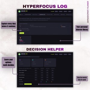 Puede incluir: Una interfaz de planificador digital con el texto "HYPERFOCUS LOG" y "DECISION HELPER". La secci&oacute;n superior dice "Captura cada idea antes de que desaparezca". La secci&oacute;n inferior dice "Califica tus opciones, las matem&aacute;ticas deciden". El planificador es oscuro con acentos verdes y blancos.