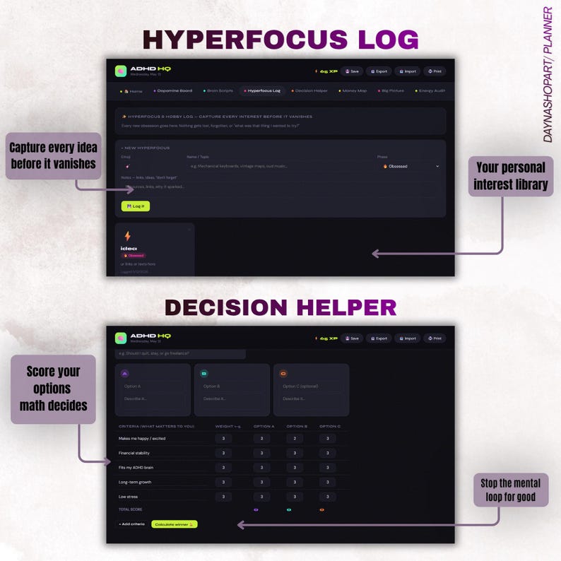 Puede incluir: Una interfaz de planificador digital con el texto "HYPERFOCUS LOG" y "DECISION HELPER". La secci&oacute;n superior dice "Captura cada idea antes de que desaparezca". La secci&oacute;n inferior dice "Califica tus opciones, las matem&aacute;ticas deciden". El planificador es oscuro con acentos verdes y blancos.