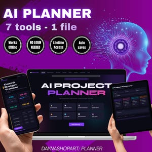 以下が含まれることがあります： AIプランナーのデジタル製品広告。画像には、プランナーインターフェースを表示するラップトップ、スマートフォン、タブレットが表示されています。「AI PLANNER」、「7つのツール - 1つのファイル」などのテキストと、「オフラインで動作」や「生涯アクセス」などの機能が含まれています。