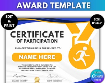 Marathon Award Certificate Template, Editable Running Award (Canva)