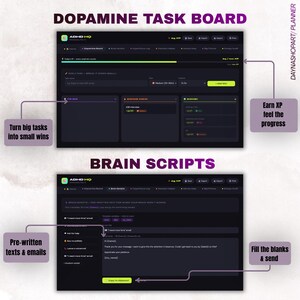 Puede incluir: Interfaz de planificador digital con los textos "DOPAMINE TASK BOARD" y "BRAIN SCRIPTS". La interfaz incluye secciones para la gesti&oacute;n de tareas y textos y correos electr&oacute;nicos preescritos. El planificador ayuda a ganar XP.