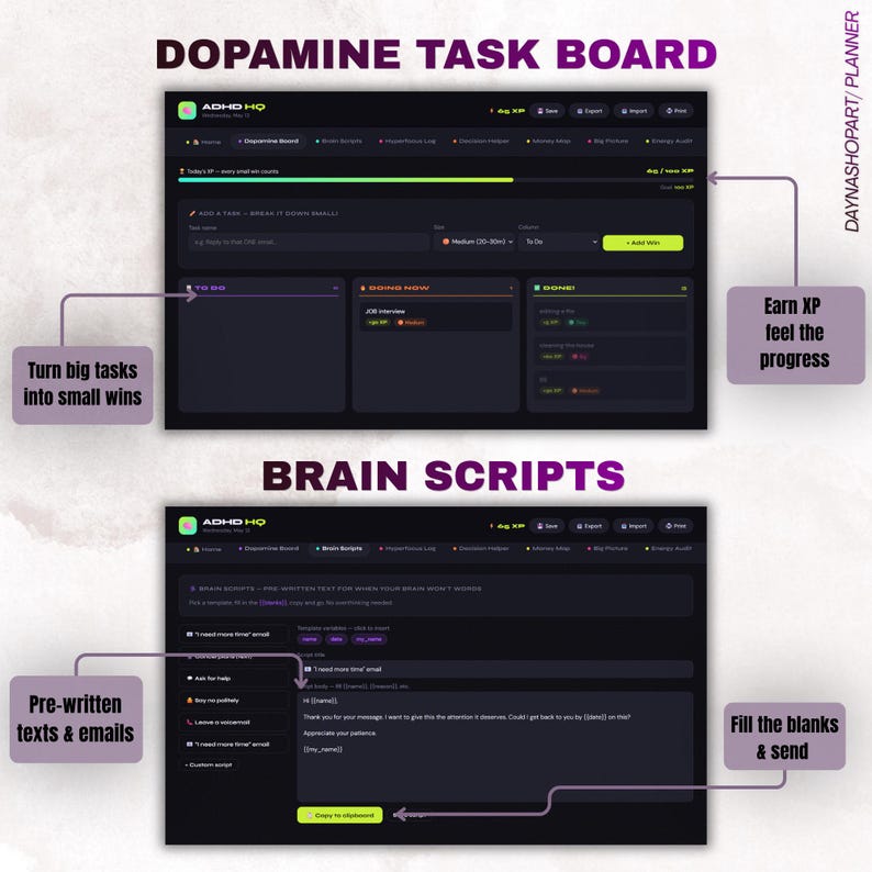 Puede incluir: Interfaz de planificador digital con los textos "DOPAMINE TASK BOARD" y "BRAIN SCRIPTS". La interfaz incluye secciones para la gesti&oacute;n de tareas y textos y correos electr&oacute;nicos preescritos. El planificador ayuda a ganar XP.