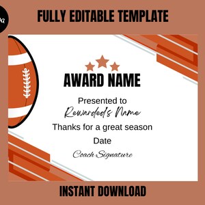 Editable Football Certificate Award Canva Template, Printable Football End of Season Award Ceremony Awards, Participation Football Award