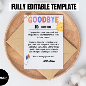 Plantilla editable de carta de despedida del maestro a los niños, regalo de carta de fin de escuela del poema de despedida del maestro para estudiantes, descarga digital