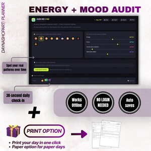 Puede incluir: Interfaz de planificador digital con el texto "ENERGY + MOOD AUDIT" y "ADHD HQ". Incluye una auditor&iacute;a diaria de energ&iacute;a y estado de &aacute;nimo, con opciones para calificar la energ&iacute;a, el enfoque y los niveles de ansiedad. Incluye opci&oacute;n de impresi&oacute;n y funcionalidad sin conexi&oacute;n.