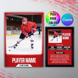Modèle personnalisé de carte à collectionner de hockey sur glace, modèle modifiable sur toile de carte de joueur, cartes de sport personnalisables à faire soi-même, cadeaux carte de hockey de l'équipe scolaire