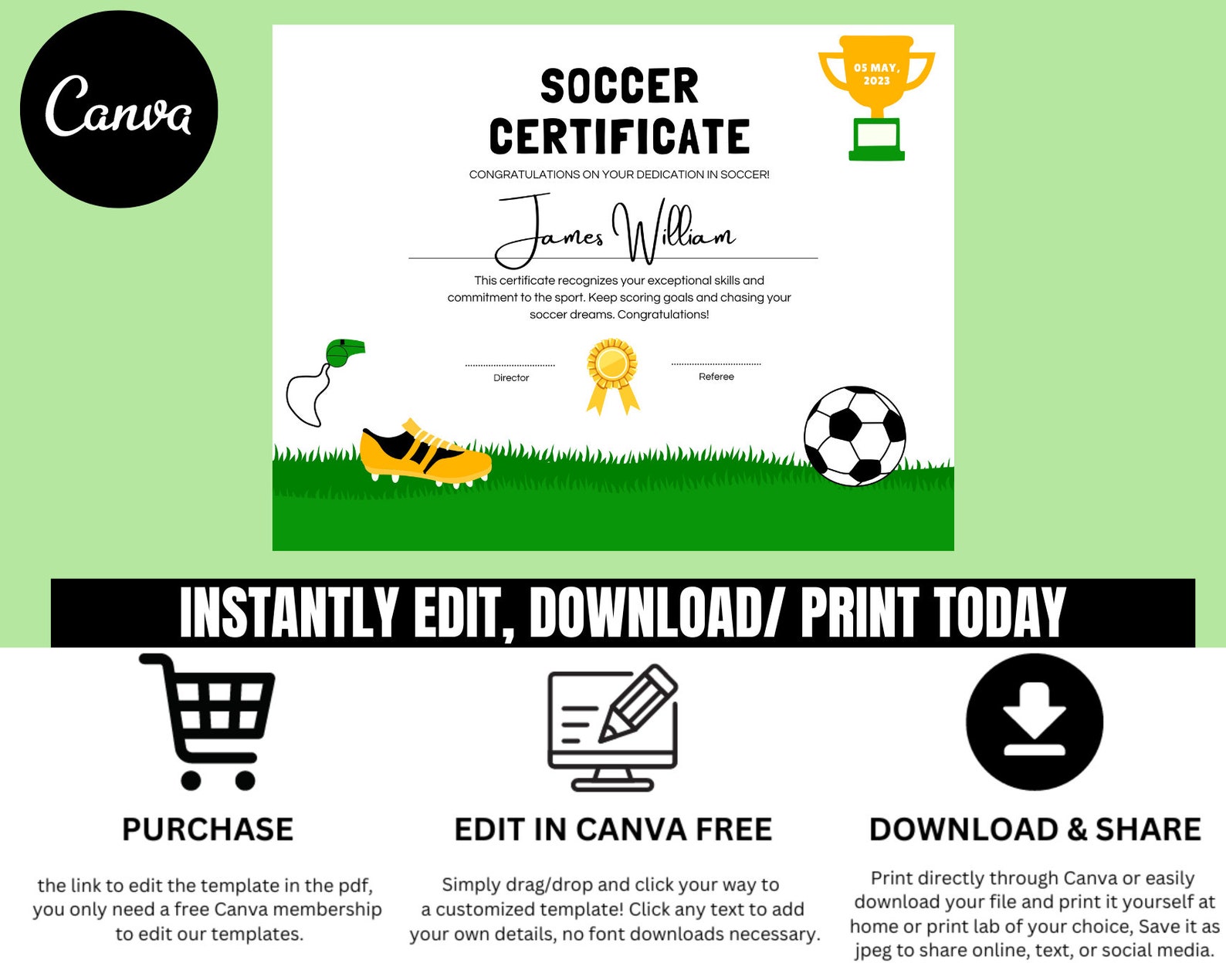 Editable Soccer Certificate Award Canva Template Printable Soccer End