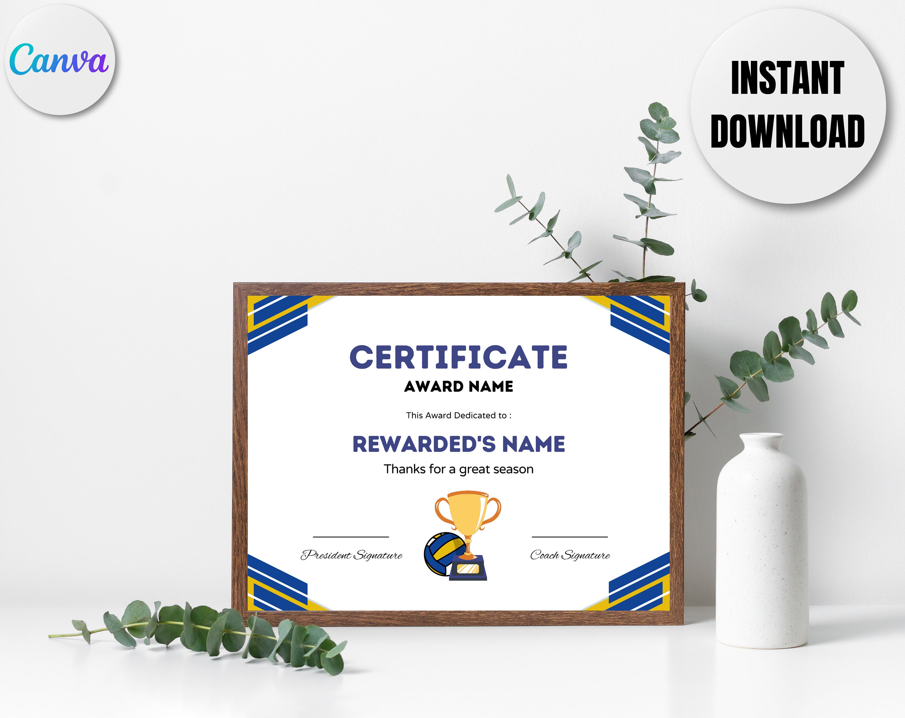 Editable Volleyball Certificate Award Canva Template,printable ...