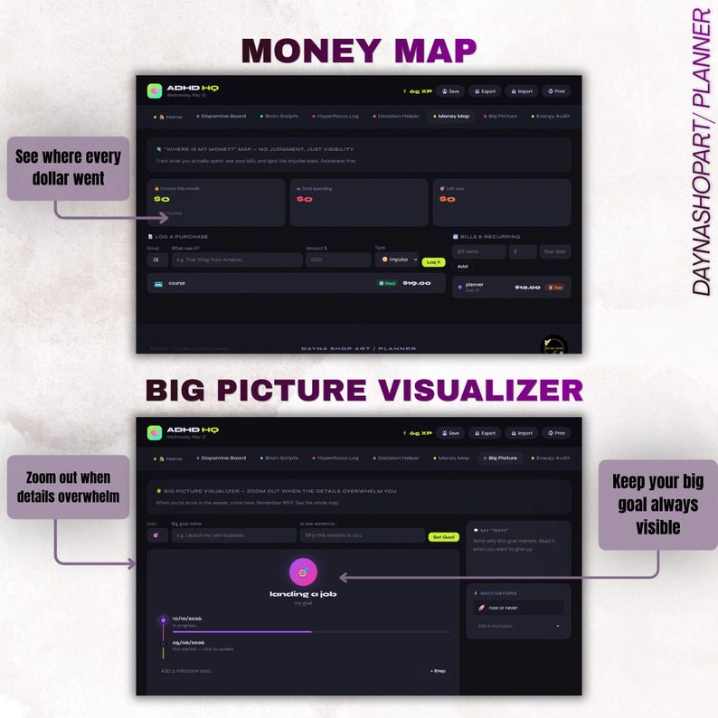 Puede incluir: Interfaz de planificador digital con los textos "MONEY MAP" y "BIG PICTURE VISUALIZER". La interfaz es oscura con acentos morados y blancos. El texto incluye "See where every dollar went" y "Keep your big goal always visible".