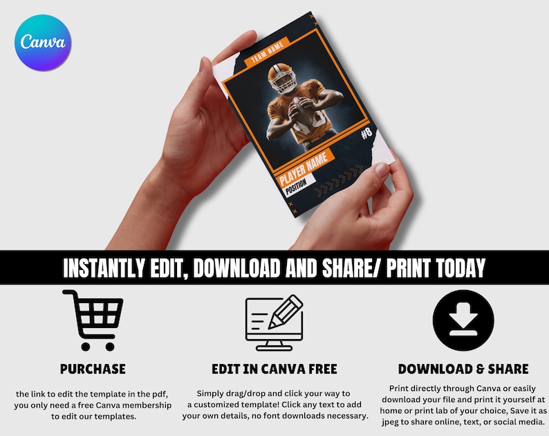 May include: A digital template for a football player card. The template features a black and orange color scheme with a football player holding a football. The text "TEAM NAME", "PLAYER NAME", and "POSITION" are included on the template. The text "INSTANTLY EDIT, DOWNLOAD AND SHARE/ PRINT TODAY" is displayed below the template. Three icons are displayed below the text: a shopping cart, a computer monitor with a pencil, and a download arrow. The text "PURCHASE", "EDIT IN CANVA FREE", and "DOWNLOAD & SHARE" are displayed below the icons.