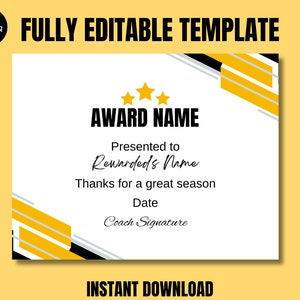 Editable Simple Certificate Award Canva Template, Printable End of Season Award Ceremony Awards, Participation Award, Instant download