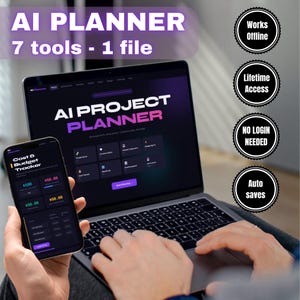 以下が含まれることがあります： ラップトップとスマートフォンは、AIプロジェクトプランナーのインターフェースを表示しています。ラップトップの画面には、白とピンクのテキストで「AI PROJECT PLANNER」と表示されています。スマートフォンには予算トラッカーが表示されています。画像には「AI PLANNER 7 tools - 1 file」というテキストも含まれています。