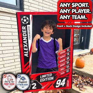 Puede incluir: Un marco rectangular grande de tarjeta deportiva con borde rojo y negro con el texto ANY SPORT. ANY PLAYER. ANY TEAM. Front + Back Design Included. El marco muestra estadísticas como SPEED 92, TACKLE 76, POWER 88, SHOOT 95, SKILL 90, PASS 82 y LIMITED EDITION.