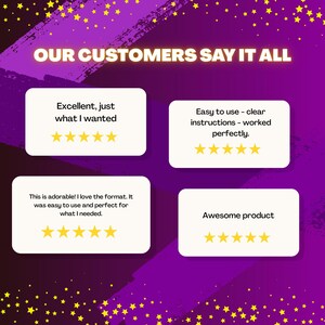 Puede incluir: Un fondo p&uacute;rpura con estrellas amarillas y el texto "OUR CUSTOMERS SAY IT ALL". Cuatro cuadros rectangulares blancos muestran rese&ntilde;as de clientes con calificaciones por estrellas. Las rese&ntilde;as dicen "Excellent, just what I wanted", "Easy to use - clear instructions - worked perfectly."