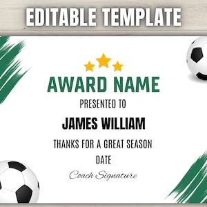 Editable Soccer Certificate Award Printable Soccer End of Season Award Ceremony Awards Participation Custom Soccer Award Canva Template